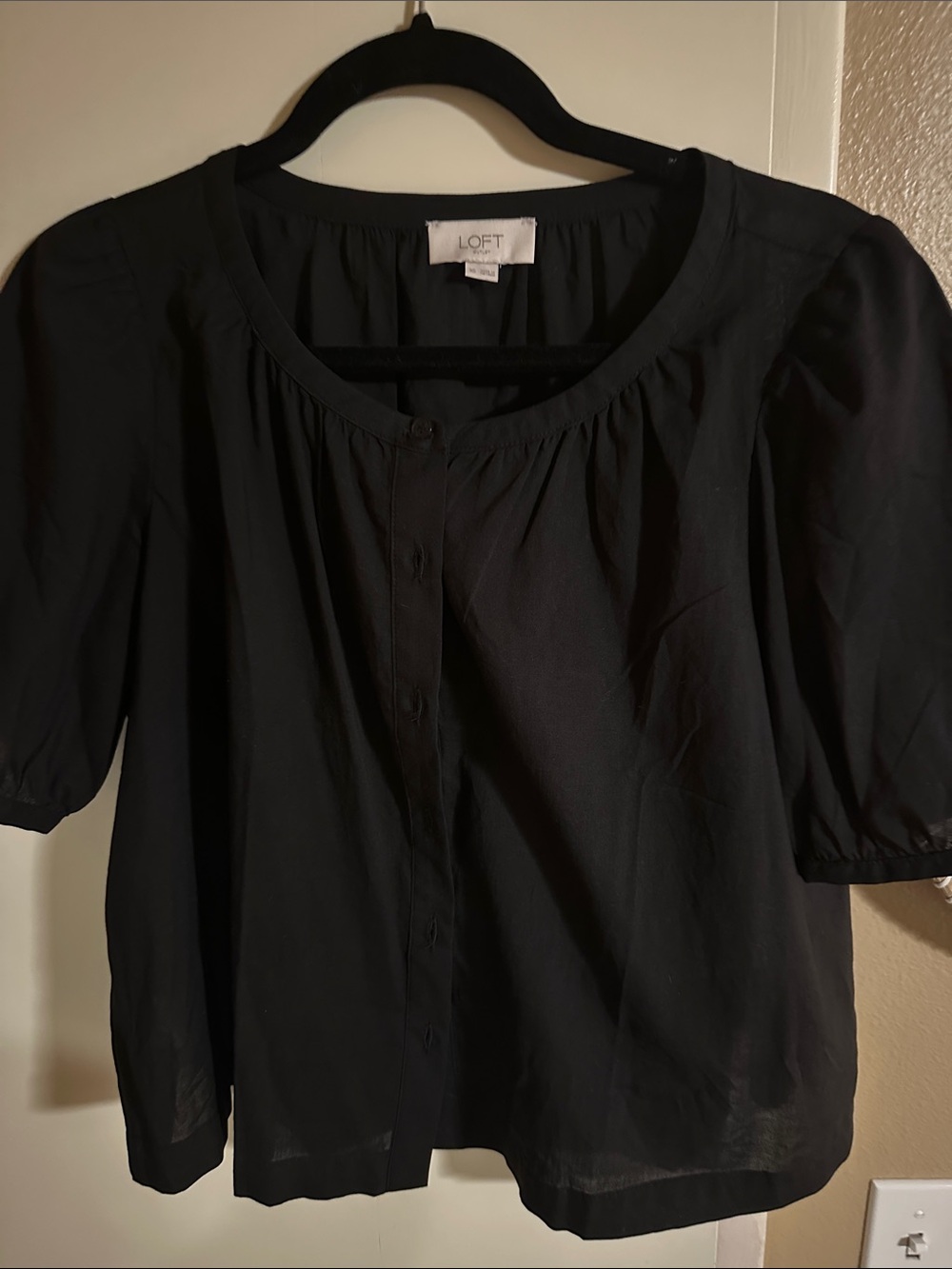 LOFT Black Round-Neck Button Front Blouse